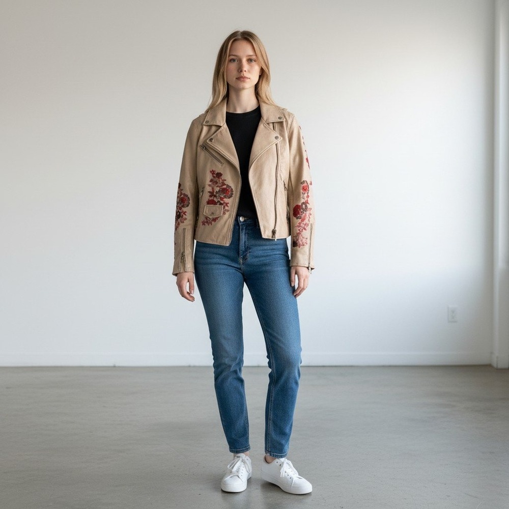 BLANK NYC Moto Jacket Faux Leather Floral Embroidered Boho Tan Small NWOT